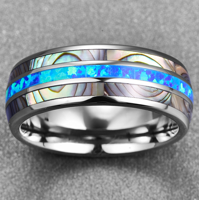 Męski pierścionek zaręczynowy z niebieskim opalem i muszlami, szerokość 8 mm, ze stali nierdzewnej, rozmiar 6-13 - Wianko - 4