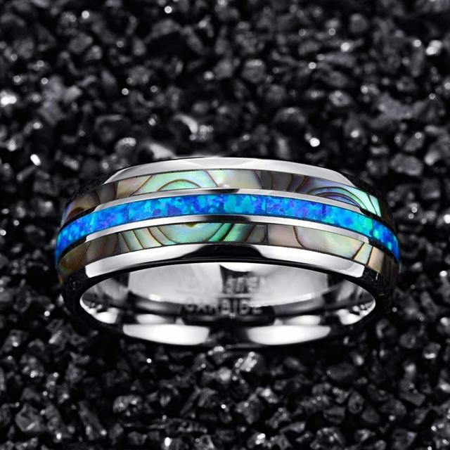 Męski pierścionek zaręczynowy z niebieskim opalem i muszlami, szerokość 8 mm, ze stali nierdzewnej, rozmiar 6-13 - Wianko - 1