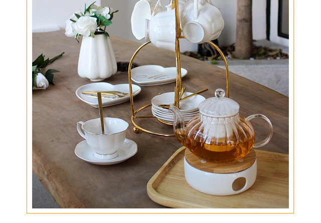 Złoty imbryk szklany 860 ml z ceramiką, ciepły świecznik, dzbanek na herbatę, filiżanka i spodek, zestaw sok owocowy, kwiatowy czajnik - Wianko - 6