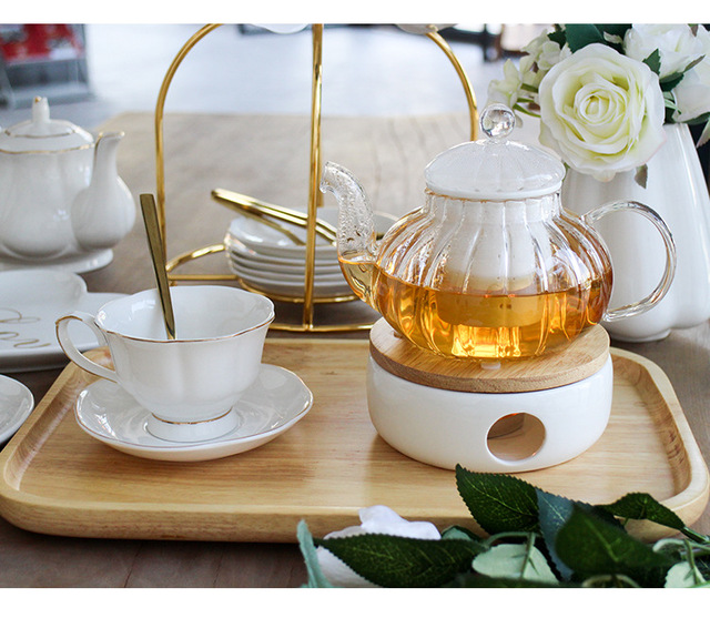 Złoty imbryk szklany 860 ml z ceramiką, ciepły świecznik, dzbanek na herbatę, filiżanka i spodek, zestaw sok owocowy, kwiatowy czajnik - Wianko - 9