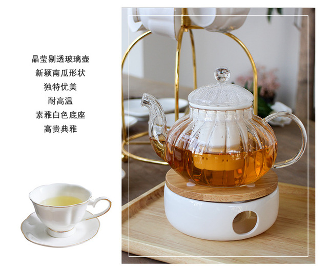 Złoty imbryk szklany 860 ml z ceramiką, ciepły świecznik, dzbanek na herbatę, filiżanka i spodek, zestaw sok owocowy, kwiatowy czajnik - Wianko - 8