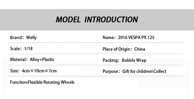 Zabawka motocykl dla dzieci WELLY 1:18 Vespa PX 125 z elastycznym obrotem koła - odlew ze stopu w nowym pudełku - Wianko - 1