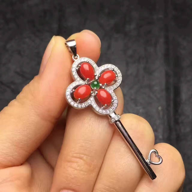 Wisiorek z naturalnym niebieskim kamieniem księżycowym i czerwonym kamieniem koralowym, srebrny (S925), koniczyna, w kształcie klucza, prezent dla dziewczyny, biżuteria - Wianko - 2