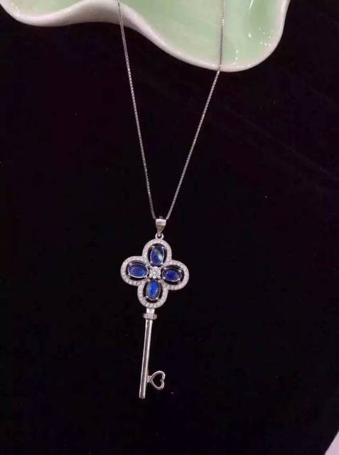 Wisiorek z naturalnym niebieskim kamieniem księżycowym i czerwonym kamieniem koralowym, srebrny (S925), koniczyna, w kształcie klucza, prezent dla dziewczyny, biżuteria - Wianko - 5