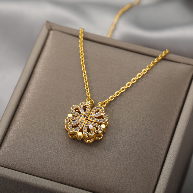 Vintage Lucky czterolistna koniczyna - naszyjnik dla kobiet ze stali nierdzewnej, złoty łańcuszek, wisiorek w kształcie serca, biżuteria - Wianko - 5