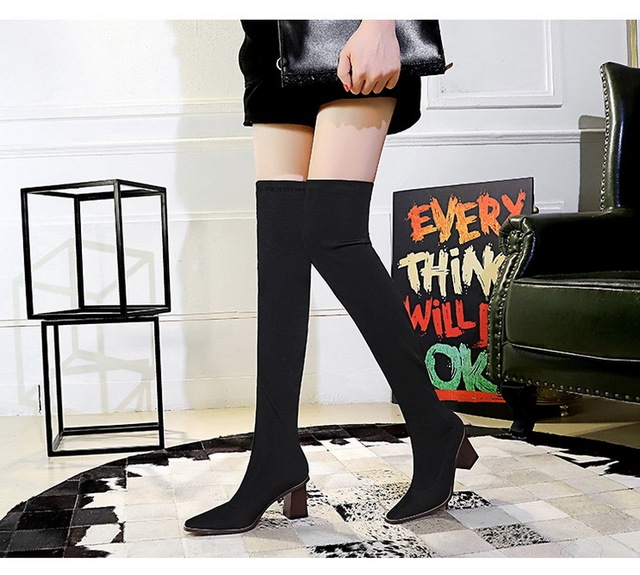 Zimowe elastyczne damskie buty za kolano z obcasem w modnym drewnianym stylu - Wianko - 9