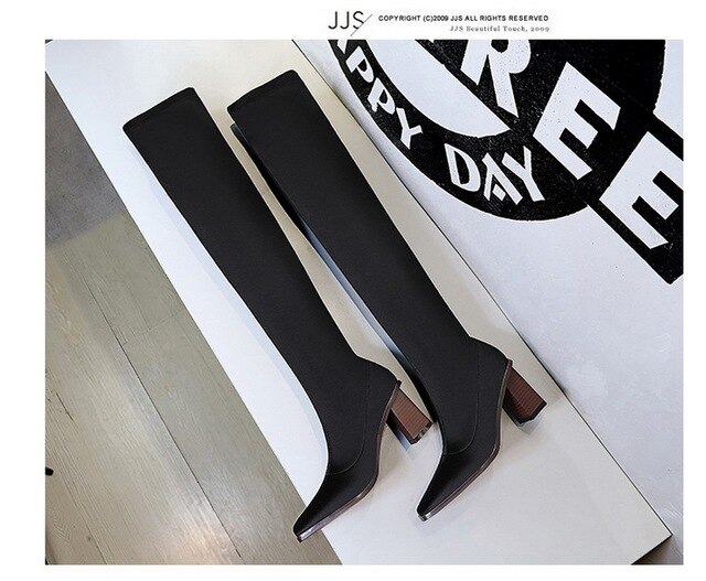 Zimowe elastyczne damskie buty za kolano z obcasem w modnym drewnianym stylu - Wianko - 8