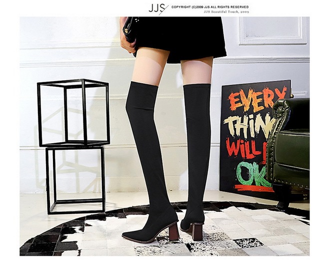 Zimowe elastyczne damskie buty za kolano z obcasem w modnym drewnianym stylu - Wianko - 23
