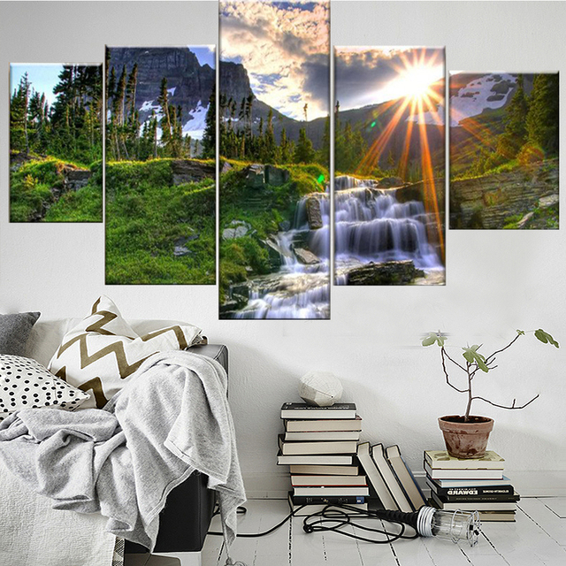 Obraz ścienny na płótnie: Wschód słońca w lesie z wodospadem - plakat nowoczesny, idealny do dekoracji domu lub salonu - Wianko - 2
