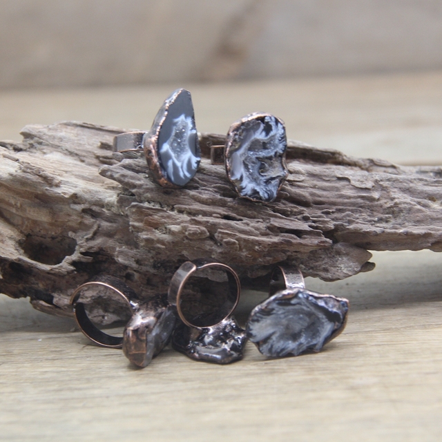 Pierścień z naturalnym agatem Druzy na antycznej miedzi - surowy kryształ kwarcowy Geode Drusy - biżuteria retro punkowa - Wianko - 6