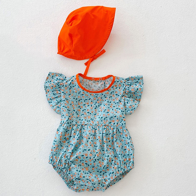 Kombinezon z bawełny dla niemowląt dziewczynek w kwiatowy wzór z latającymi rękawami i pasującym kapeluszem - Wianko - 16