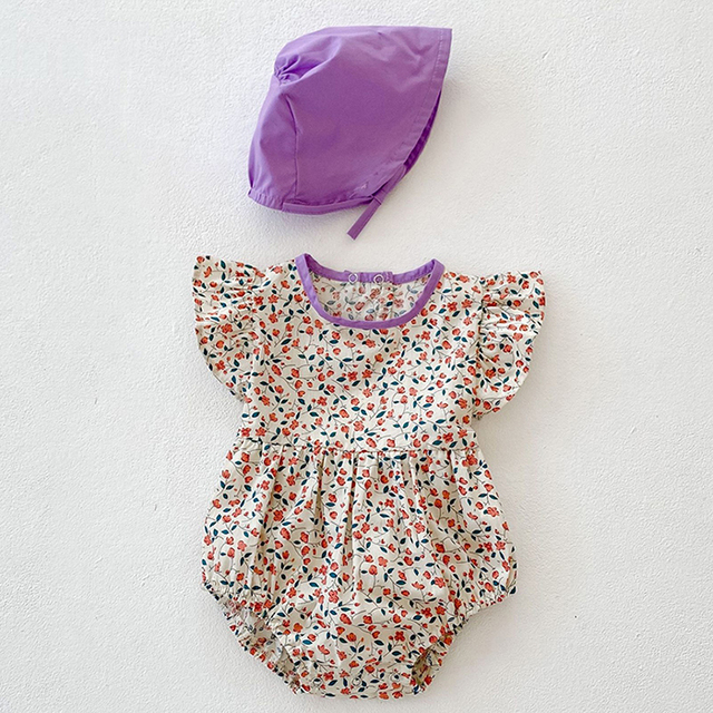 Kombinezon z bawełny dla niemowląt dziewczynek w kwiatowy wzór z latającymi rękawami i pasującym kapeluszem - Wianko - 17