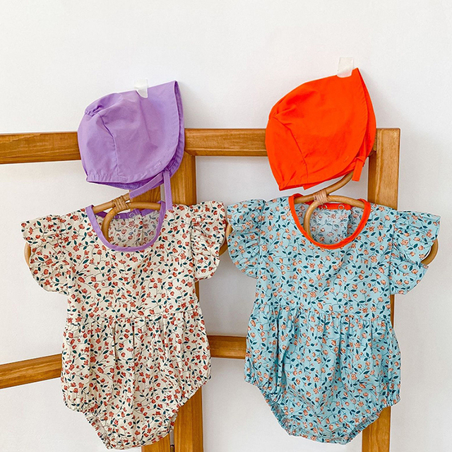 Kombinezon z bawełny dla niemowląt dziewczynek w kwiatowy wzór z latającymi rękawami i pasującym kapeluszem - Wianko - 5