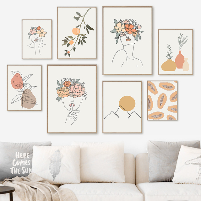 Pomarańczowe malarstwo abstrakcyjne na płótnie - kobieta, linie i kwiaty - Wianko - 5