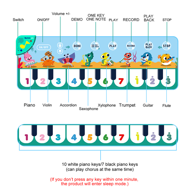 Dywan muzyczny z miękką klawiaturą dla dzieci 110x36cm w wielu stylach, instrumenty muzyczne, zwierzęce dźwięki, edukacyjne zabawki - Wianko - 7