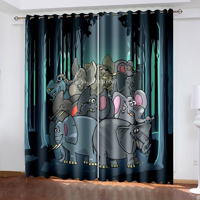 Zasłona dziecięca z nadrukiem Kreskówka Słoń - 2 panele, tkanina zaciemniająca, dekoracyjna do wnętrz, pokój dziecięcy, salon, sypialnia - Wianko - 11