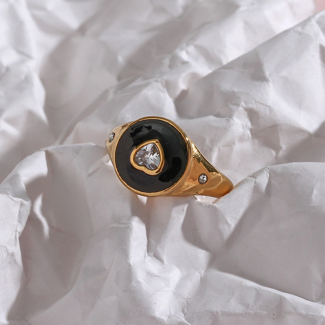 Elegancki pierścień z emaliowanego kamienia - biały, czarny, fioletowy, różowy, z kryształem CZ w kształcie serca - Wianko - 7