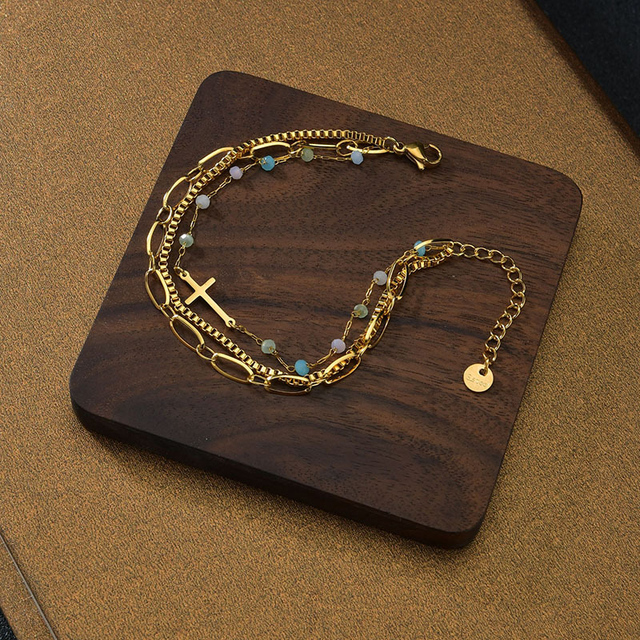 Zestaw 5 sztuk: łańcuch 3-warstwowy z ogniwami stalowymi, tytanowy, naturalny kamienny krzyż - bransoletki dla kobiet, biżuteria - Wianko - 5