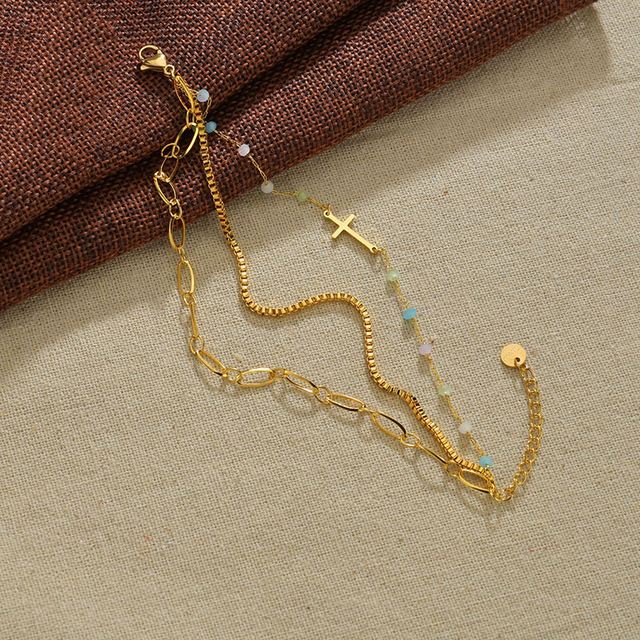 Zestaw 5 sztuk: łańcuch 3-warstwowy z ogniwami stalowymi, tytanowy, naturalny kamienny krzyż - bransoletki dla kobiet, biżuteria - Wianko - 2