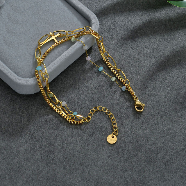 Zestaw 5 sztuk: łańcuch 3-warstwowy z ogniwami stalowymi, tytanowy, naturalny kamienny krzyż - bransoletki dla kobiet, biżuteria - Wianko - 3