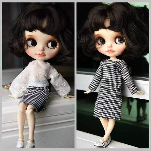 Zestaw mody dla lalek - ubrania długi rękaw bufka koszula topy Houndstooth pled spódnica Blythe 1/6 BJD - Wianko - 3