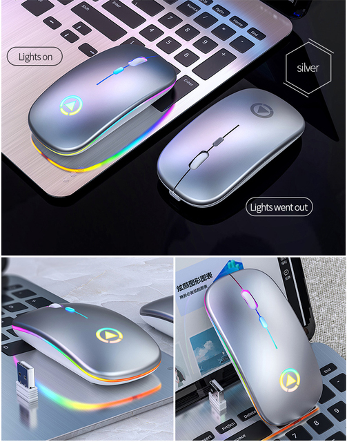 Bezprzewodowa ładowalna mysz RGB z podświetleniem LED dla biura i gier - czteroprzyciskowa, cicha, USB - Wianko - 8