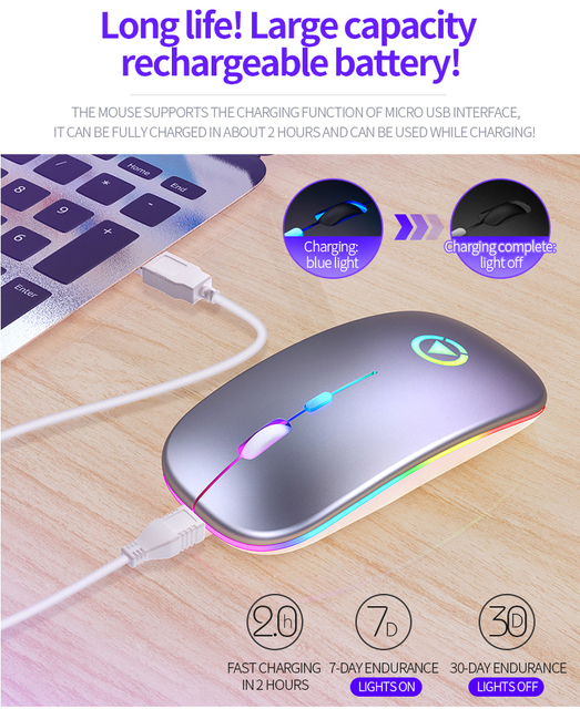 Bezprzewodowa ładowalna mysz RGB z podświetleniem LED dla biura i gier - czteroprzyciskowa, cicha, USB - Wianko - 11