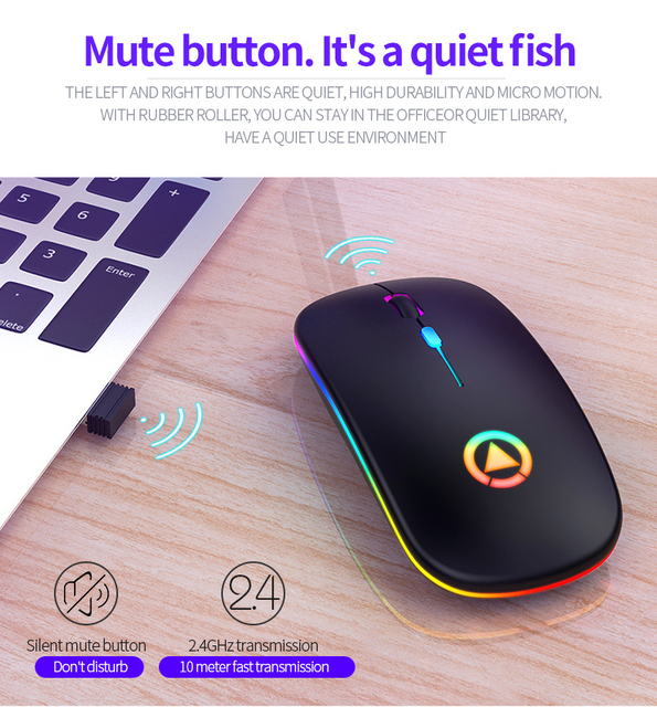 Bezprzewodowa ładowalna mysz RGB z podświetleniem LED dla biura i gier - czteroprzyciskowa, cicha, USB - Wianko - 7