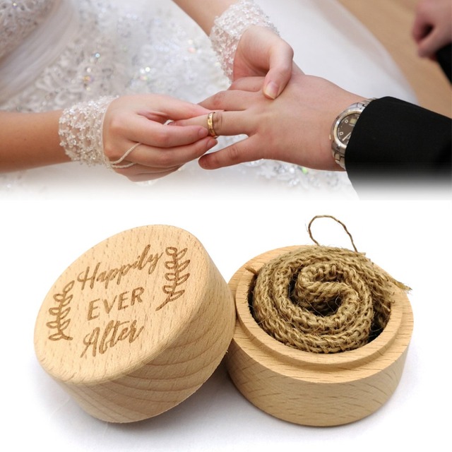 Rzeźbione drewniane pudełko na pierścionek - 2 sztuki, okrągłe, ślubne, walentynkowe, zaręczynowe - Wianko - 3