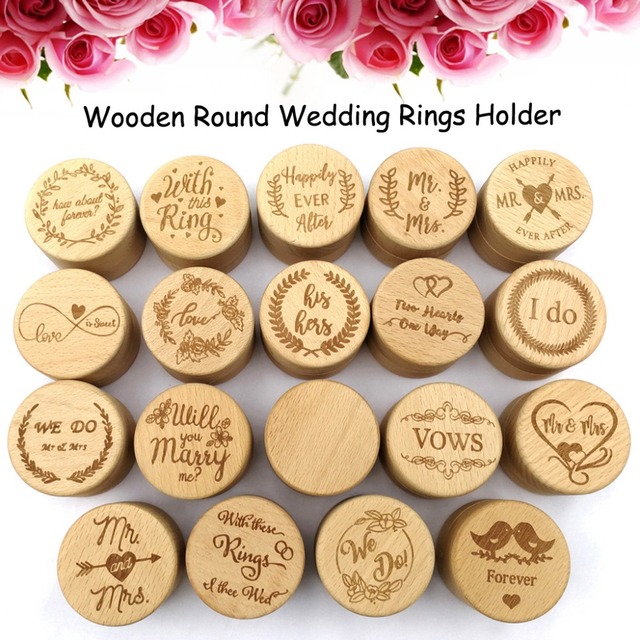 Rzeźbione drewniane pudełko na pierścionek - 2 sztuki, okrągłe, ślubne, walentynkowe, zaręczynowe - Wianko - 1