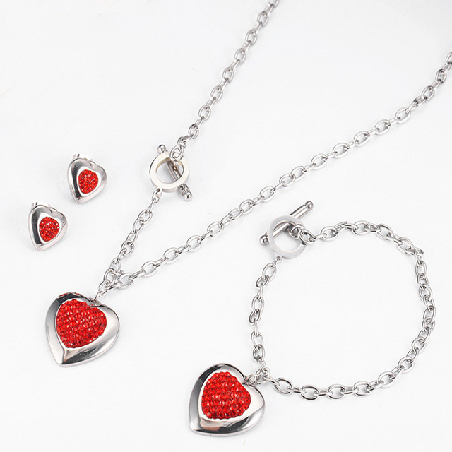 Zestaw biżuterii ze stali nierdzewnej w kształcie serca: naszyjnik, kolczyki, bransoletka, kryształ czeski moda - Wianko - 2