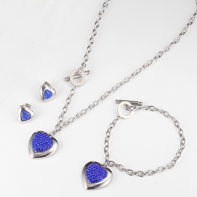 Zestaw biżuterii ze stali nierdzewnej w kształcie serca: naszyjnik, kolczyki, bransoletka, kryształ czeski moda - Wianko - 3