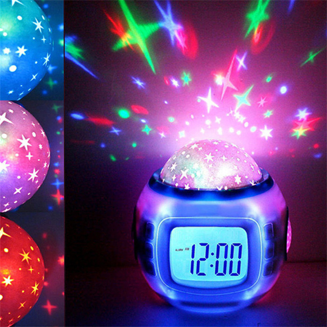 Lampa nocna projekcyjna LED z gwieździstym niebem i muzyką dla dzieci - budzik z cyfrowym zegarem i temperaturą - Wianko - 4
