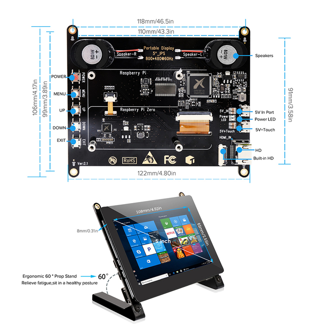 UPERFECT Przenośny Monitor LCD 5 Cali z Wyświetlaczem Dotykowym IPS, 800*480, 16:9, USB, HDMI, Dwa Głośniki, Kompatybilny z Raspberry Pi - Wianko - 9