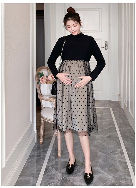 Sukienka ciążowa w jesiennej koreańskiej modzie, bawełniany patchwork, koronkowe kropki, elegancka linia Slim - Wianko - 15