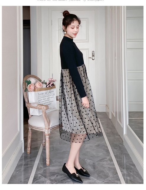 Sukienka ciążowa w jesiennej koreańskiej modzie, bawełniany patchwork, koronkowe kropki, elegancka linia Slim - Wianko - 11