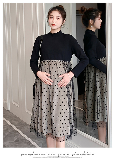 Sukienka ciążowa w jesiennej koreańskiej modzie, bawełniany patchwork, koronkowe kropki, elegancka linia Slim - Wianko - 17