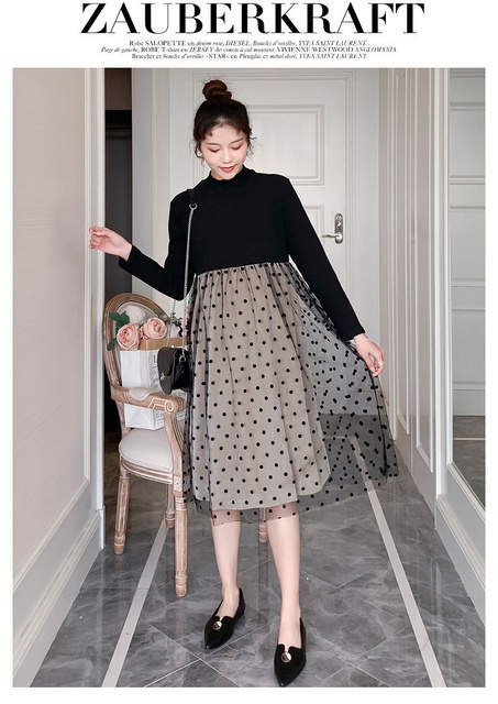 Sukienka ciążowa w jesiennej koreańskiej modzie, bawełniany patchwork, koronkowe kropki, elegancka linia Slim - Wianko - 14