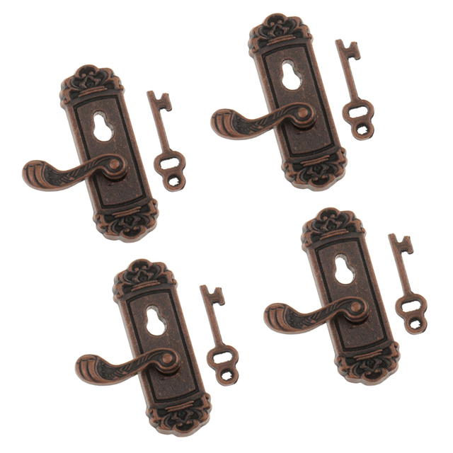 Metalowe drzwi uchwyt prawe pokrętło płyty i zestaw kluczy dom dla lalki miniaturowej - Wianko - 4