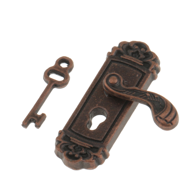 Metalowe drzwi uchwyt prawe pokrętło płyty i zestaw kluczy dom dla lalki miniaturowej - Wianko - 5