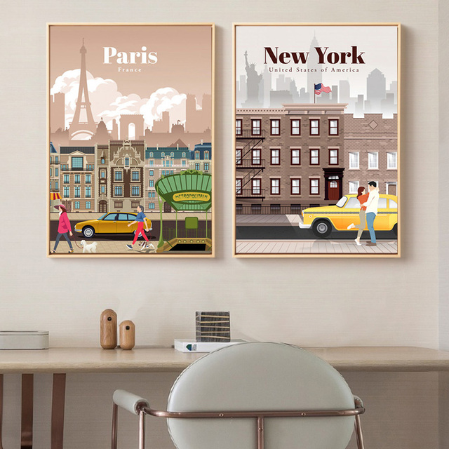 Obraz ścienny na płótnie krajobraz Londyn Nowy Jork Paryż Hiszpania Vintage Travel Cities - dekoracje wnętrz - Wianko - 20
