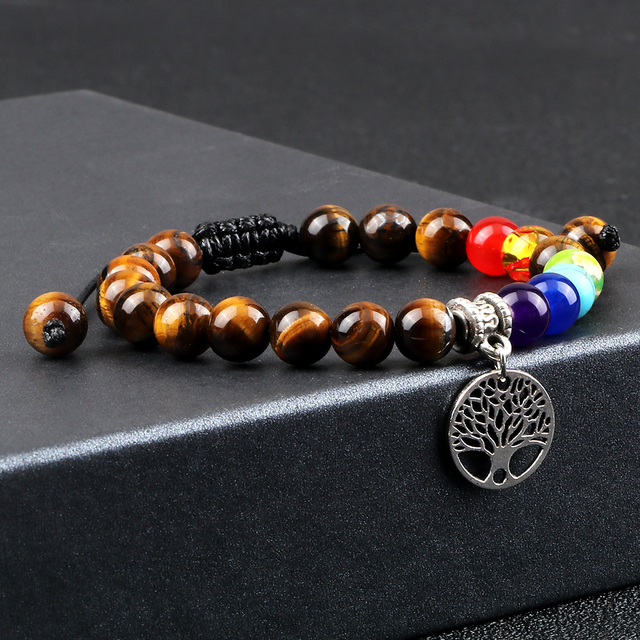 Nowa 7 Chakra bransoletka ze szlifowanymi kamieniami Tiger Eye - 8MM, pleciona na życie, idealna na prezent dla kobiet, uwielbiających modę i jogę - Wianko - 9