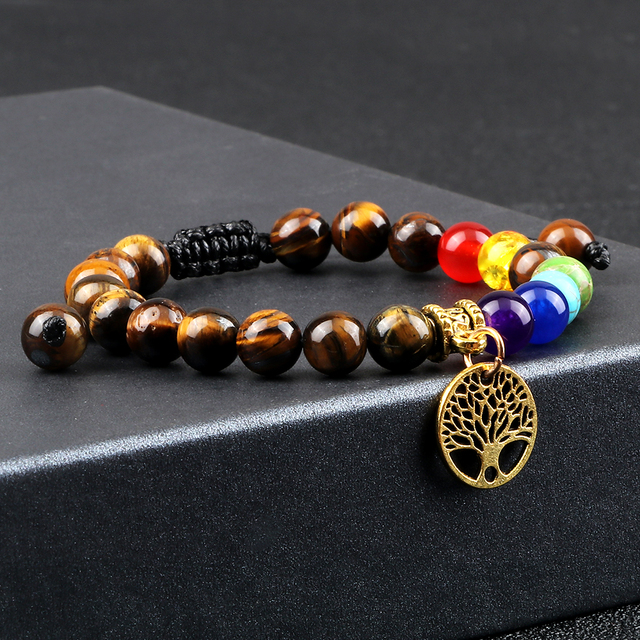 Nowa 7 Chakra bransoletka ze szlifowanymi kamieniami Tiger Eye - 8MM, pleciona na życie, idealna na prezent dla kobiet, uwielbiających modę i jogę - Wianko - 8