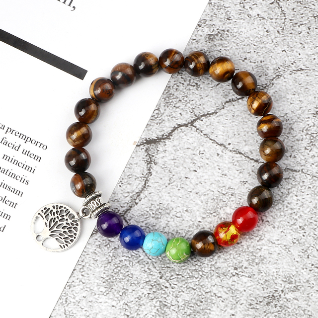 Nowa 7 Chakra bransoletka ze szlifowanymi kamieniami Tiger Eye - 8MM, pleciona na życie, idealna na prezent dla kobiet, uwielbiających modę i jogę - Wianko - 7