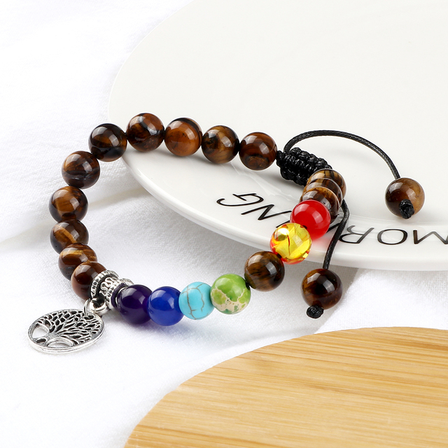 Nowa 7 Chakra bransoletka ze szlifowanymi kamieniami Tiger Eye - 8MM, pleciona na życie, idealna na prezent dla kobiet, uwielbiających modę i jogę - Wianko - 10