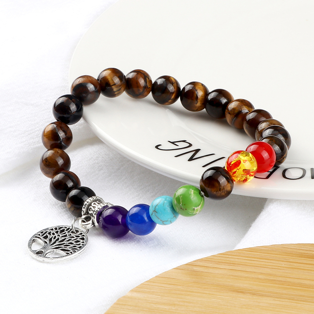 Nowa 7 Chakra bransoletka ze szlifowanymi kamieniami Tiger Eye - 8MM, pleciona na życie, idealna na prezent dla kobiet, uwielbiających modę i jogę - Wianko - 5