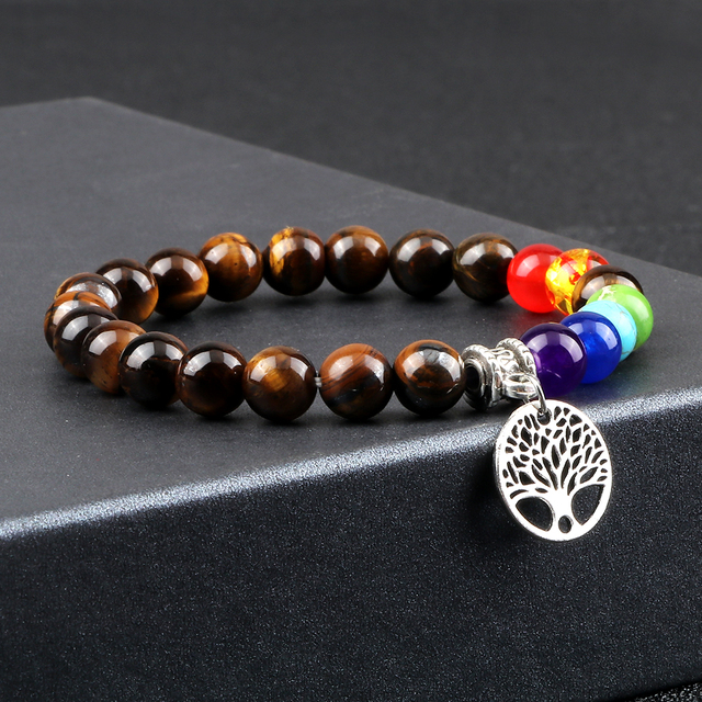 Nowa 7 Chakra bransoletka ze szlifowanymi kamieniami Tiger Eye - 8MM, pleciona na życie, idealna na prezent dla kobiet, uwielbiających modę i jogę - Wianko - 3