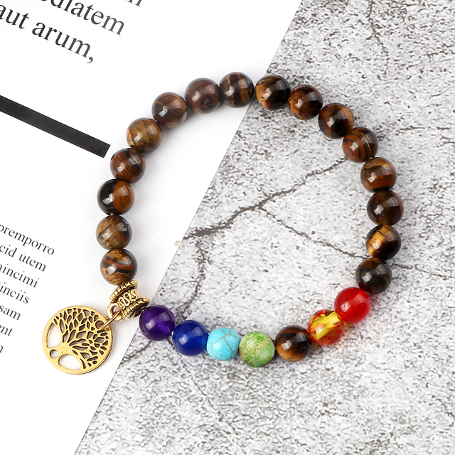 Nowa 7 Chakra bransoletka ze szlifowanymi kamieniami Tiger Eye - 8MM, pleciona na życie, idealna na prezent dla kobiet, uwielbiających modę i jogę - Wianko - 6