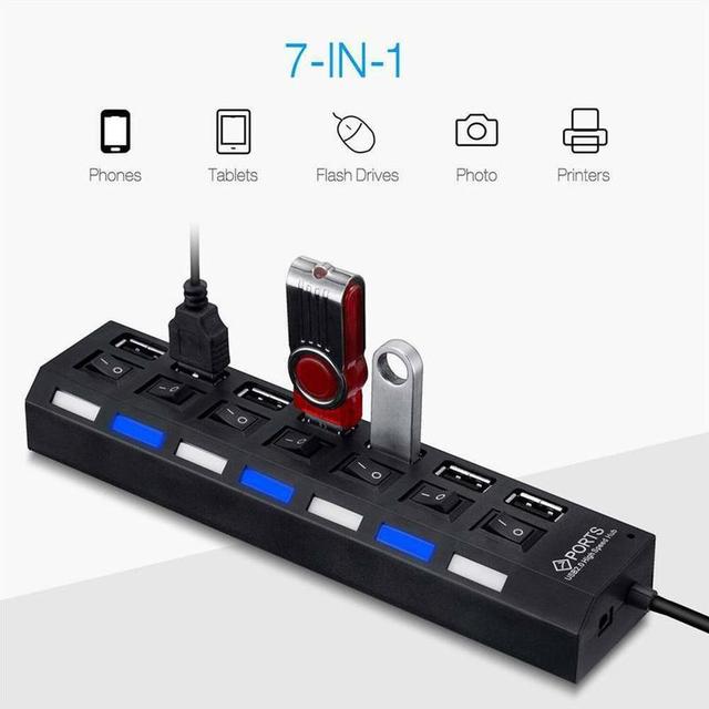 7-portowy szybki rozdzielacz USB 2.0 HUB z przełącznikiem On/Off, LED i zasilaniem, idealny do laptopów i komputerów PC - Wianko - 2