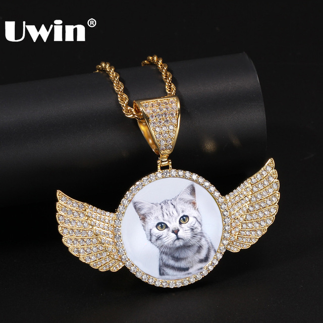 Personalizowany naszyjnik z wisiorkiem z cyrkonii w stylu Hip Hop - Wykonana na zamówienie biżuteria ze zdjęciem, unikalny prezent ze złotym wisiorkiem wypełnionym diamentami- Bonus: efektowne skrzydła - Wianko - 13
